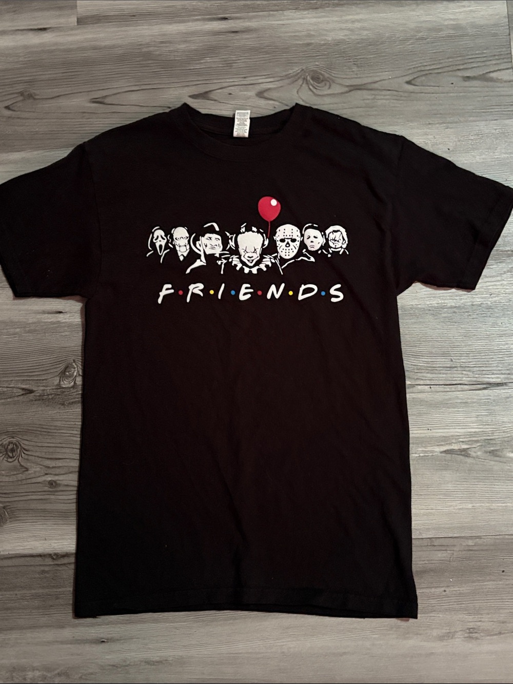 Black "Friends" Graphic Horror Characters Tee with Red Balloon